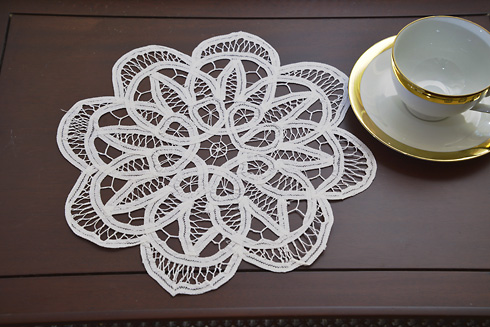 Belgium 108 All Lace Doilies. 12" Round. All Battenburg Lace - Click Image to Close